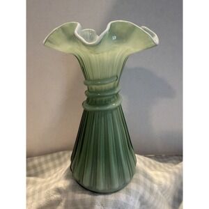 Vintage Fenton Green Glass Overlay Wheat Vase Cased White 7.5"